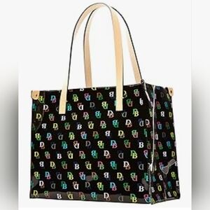 Multicolor Monogram Dooney & Bourke Black Tote Bag with Cream Handles